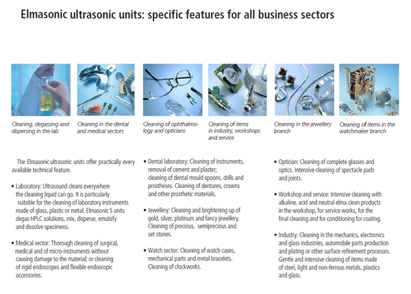 Elmasonic P120H ultrasonic cleaner applications