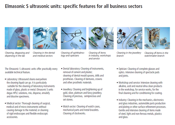 Elmasonic S 10 H ultrasonic cleaner applications